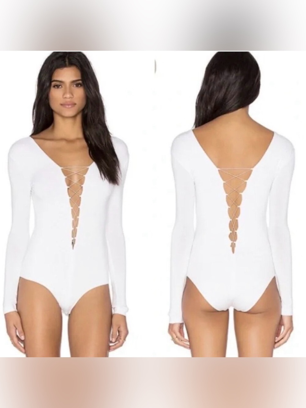 T by Alexander Wang White Lace-Up Deep V Long Sleeve Bodysuit Size XS